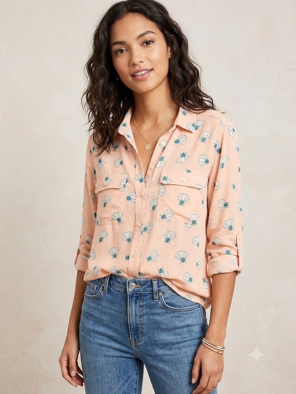 LOFT Button-Down Shirt with White & Teal Floral Print